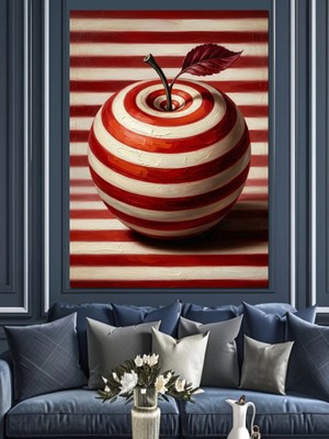 Karizma Tablo Kırmızı Çizgili Modern Elma Tasarımı Dekoratif Kanvas - Mdf Ahşap Tablo