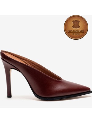 Ayakkabı Ateşi Hakiki Deri El Yapımı Bordo Deri Sivri Burun Ince Topuklu Terlik Kobede