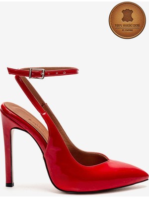 Ayakkabı Ateşi Hakiki Deri Kırmızı Rugan Sivri Burunlu Bilekten Bağlı Yüksek Ince Topuklu Ayakkabı Dura