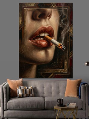 Karizma Tablo Sigara Içen Kadın Dudakları Portre Dekoratif Kanvas - Mdf Ahşap Tablo