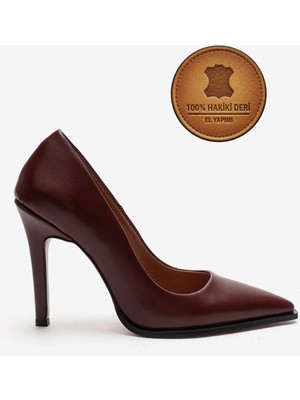 Ayakkabı Ateşi Hakiki Deri Bordo Deri Sivri Burunlu Küt Tabanlı Stiletto Yüksek Topuklu Ayakkabı Tokyovarde