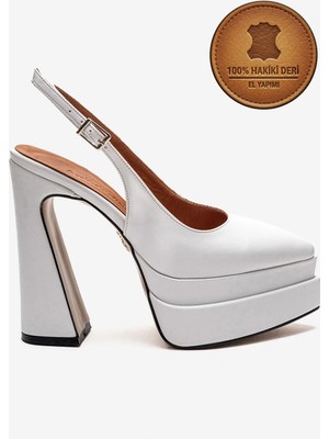 Ayakkabı Ateşi Hakiki Deri Kadın Bej Cilt Arkası Açık Sivri Burun Çift Platform Yüksek Topuklu Ayakkabı Medelode