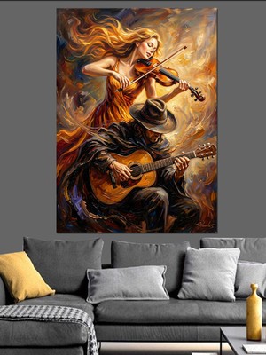 Karizma Tablo Keman Çalan ve Gitar Çalan Çift Dekoratif Kanvas - Mdf Ahşap Tablo