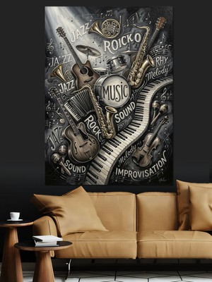 Karizma Tablo Rock Müzik ve Davul Temalı Illüstrasyon Dekoratif Kanvas - Mdf Ahşap Tablo
