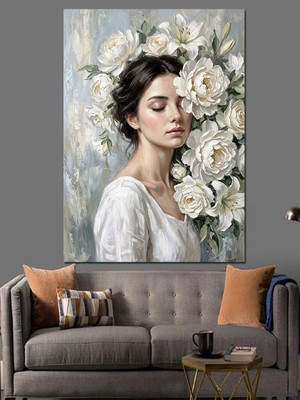 Karizma Tablo Beyaz Çiçekli Saçlı Kadın Portresi Dekoratif Kanvas - Mdf Ahşap Tablo