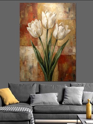 Karizma Tablo Beyaz Laleler Doğal Botanik Tablo Dekoratif Kanvas - Mdf Ahşap Tablo