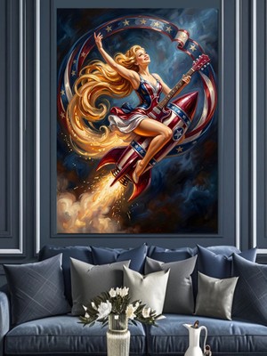Karizma Tablo Uzayda Roket Üzerinde Gitar Çalan Kadın Dekoratif Kanvas - Mdf Ahşap Tablo