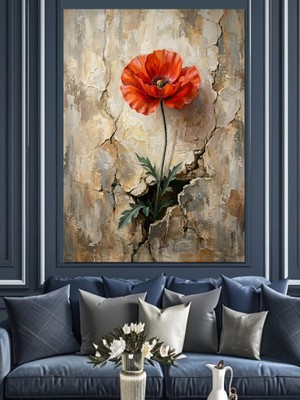 Karizma Tablo Beton Duvarda Tek Kırmızı Gelincik Dekoratif Kanvas - Mdf Ahşap Tablo