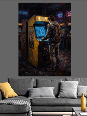 Karizma Tablo Arcade Oyun Makinesinde Oynayan Genç Dekoratif Kanvas - Mdf Ahşap Tablo