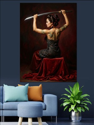 Karizma Tablo Sırtı Dövmeli Katanalı Savaşçı Kadın Dekoratif Kanvas - Mdf Ahşap Tablo