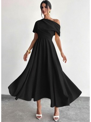 Pileli Store Kadın Omuzdan Açık Kısa Kollu Omuzdan Pileli Uzun Janjan Krep Elbise