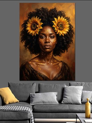 Karizma Tablo Saçları Günebakan Çiçekli Siyah Kadın Dekoratif Kanvas - Mdf Ahşap Tablo
