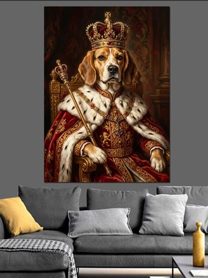 Karizma Tablo Tahtta Oturan Kral Beagle Köpeği Dekoratif Kanvas - Mdf Ahşap Tablo