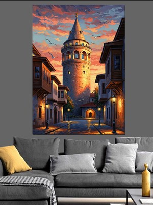Karizma Tablo Akşam Işıklarında Galata Kulesi Sokağı Dekoratif Kanvas - Mdf Ahşap Tablo