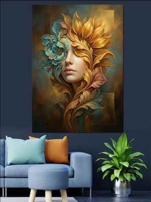 Karizma Tablo Başı Çiçeklerle Birleşen Kadın Portresi Dekoratif Kanvas - Mdf Ahşap Tablo