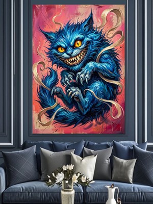 Karizma Tablo Çılgın Mavi Kedi Illüstrasyon Tablo Dekoratif Kanvas - Mdf Ahşap Tablo