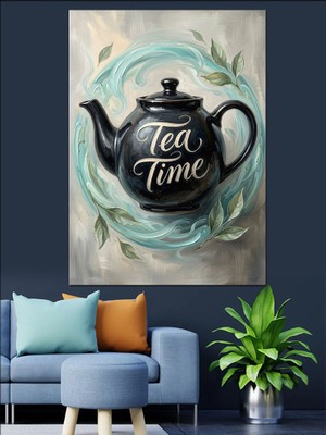 Karizma Tablo Tea Time Yazılı Siyah Demlik Dekoratif Kanvas - Mdf Ahşap Tablo