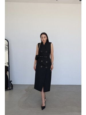 Özge Özgenç Düğmeli Kolsuz Maxi Elbise