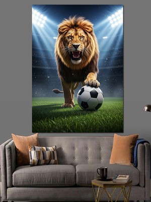 Karizma Tablo Futbol Oynayan Kral Aslan Illüstrasyon Dekoratif Kanvas - Mdf Ahşap Tablo