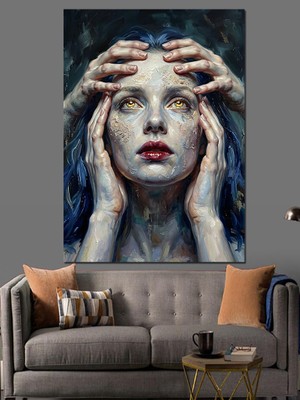 Karizma Tablo Başı Elleri Arasında Dramatik Kadın Dekoratif Kanvas - Mdf Ahşap Tablo