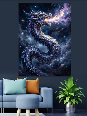 Karizma Tablo Yıldızlı Gökyüzünde Ateş Püsküren Ejderha Dekoratif Kanvas - Mdf Ahşap Tablo