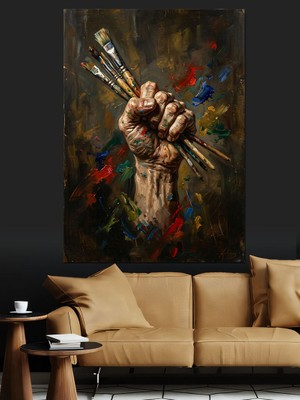 Karizma Tablo Fırça Tutan Güçlü Sanatçı Eli Dekoratif Kanvas - Mdf Ahşap Tablo