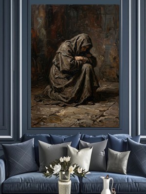 Karizma Tablo Hüzünlü Çömelen Yaşlı Adam Figürü Dekoratif Kanvas - Mdf Ahşap Tablo