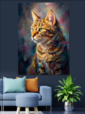Karizma Tablo Renkli Boya Dokulu Kedi Portresi Dekoratif Kanvas - Mdf Ahşap Tablo
