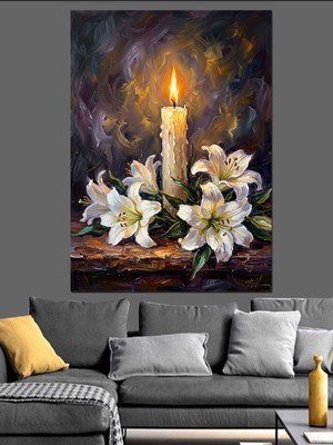 Karizma Tablo Çiçekler Arasında Yanan Büyük Mum Dekoratif Kanvas - Mdf Ahşap Tablo