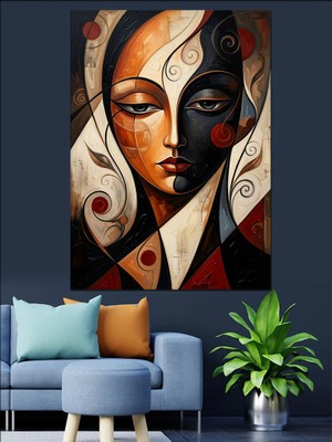 Karizma Tablo Ikiye Bölünmüş Modern Kadın Yüzü Dekoratif Kanvas - Mdf Ahşap Tablo