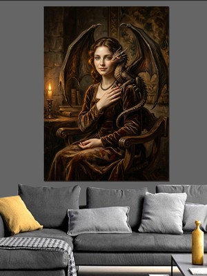 Karizma Tablo Mum Işığında Ejderhalı Mistik Kadın Dekoratif Kanvas - Mdf Ahşap Tablo