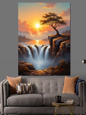 Karizma Tablo Şelale ve Gün Batımı Doğa Manzarası Dekoratif Kanvas - Mdf Ahşap Tablo