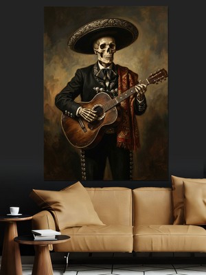 Karizma Tablo Gitar Çalan Mariachi Iskelet Portre Dekoratif Kanvas - Mdf Ahşap Tablo