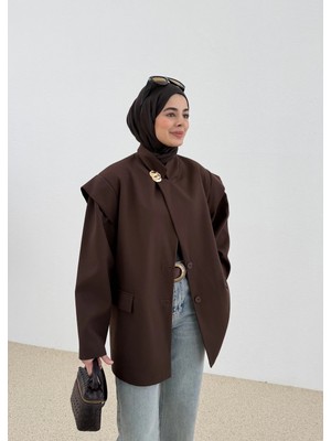 Moda Aksa 7637 Kol Detay Oversize Ceket Kahve