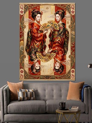 Karizma Tablo Geleneksel Kıyafetli Ikiz Asyalı Kadınlar Dekoratif Kanvas - Mdf Ahşap Tablo