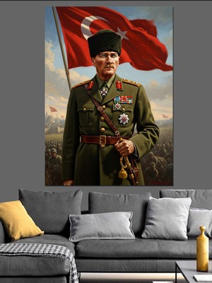 Karizma Tablo Atatürk Türk Bayrağı Altında Üniformalı Dekoratif Kanvas - Mdf Ahşap Tablo