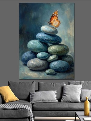 Karizma Tablo Çakıl Taşları Üzerinde Mavi Kelebek Dekoratif Kanvas - Mdf Ahşap Tablo