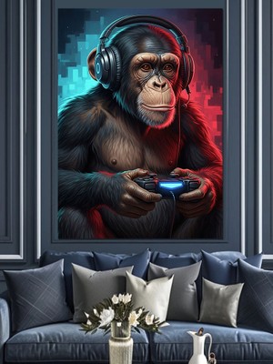 Karizma Tablo Kulaklıklı ve Oyun Konsollu Şempanze Dekoratif Kanvas - Mdf Ahşap Tablo