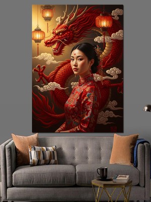 Karizma Tablo Kırmızı Elbiseli Kadın ve Ejderha Dekoratif Kanvas - Mdf Ahşap Tablo