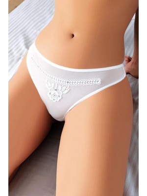 Marsilyan-  Beyaz Nakış Desenli Taşlı Fantezi Tanga String