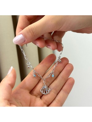 Ca Shopping Deniz Kabuğu Mavi Boncuk ve Taş Detaylı 14K Altın Kaplama Bileklik