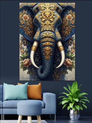 Karizma Tablo Altın Işlemeli Fil Başı Mandala Dekoratif Kanvas - Mdf Ahşap Tablo