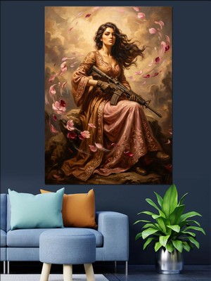 Karizma Tablo Çiçekli Bahçede Savaşçı Kadın Figürü Dekoratif Kanvas - Mdf Ahşap Tablo