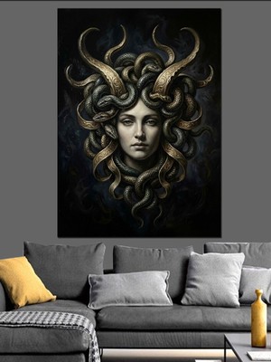 Karizma Tablo Boynuzlu Mistik Kadın Heykel Portre Dekoratif Kanvas - Mdf Ahşap Tablo