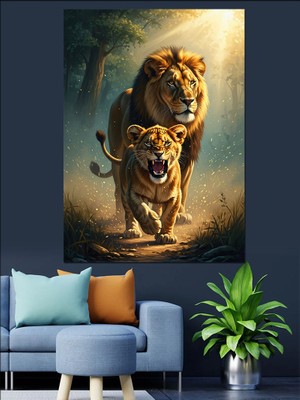 Karizma Tablo Birlikte Koşan Aslan ve Kükreyen Yavrusu Dekoratif Kanvas - Mdf Ahşap Tablo