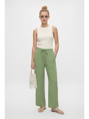 Ritnice Kadın New Relaxed Bel Lastikli Düz Kesim Cepli Ayrobin Yeşil Pantolon