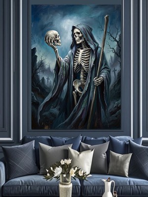 Karizma Tablo Kurukafa Tutan Kanatlı Azrail Figürü Dekoratif Kanvas - Mdf Ahşap Tablo