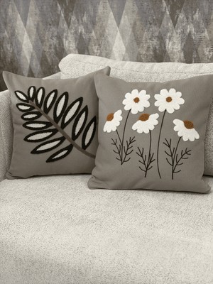 Zeora Home 2’li Dekoratif Pamuklu Kırlent Kılıfı Yaprak & Papatya Desenli Modern Bohem Etnik Salon Çift Katlı Kumaş