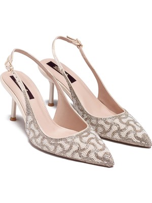 Dedos Kadın Yüksek Topuklu Özel Taş Işlemeli Arkası Açık Sivri Burun Gelinlik Ayakkabı 17315