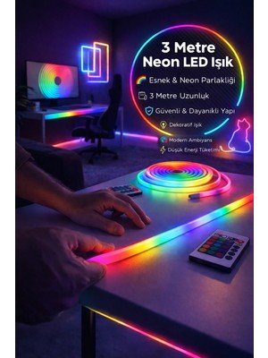 Toyfest 3 Metre Neon LED Işık Rgb Kumandalı Esnek Şerit Oda Gaming Masa Ambiyans Işığı